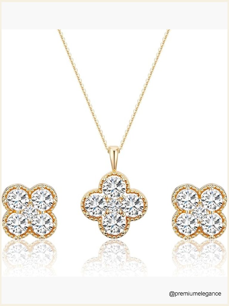 Lucky Clover Necklace And Earrings Set 14k Gold Plated Dainty Four Leaf Charm
